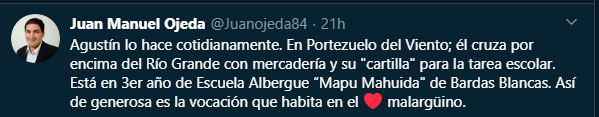 Desde su cuenta de Twitter, el Intendente de Malargüe, Juan Manuel Ojeda, publicó el video de Agustín cruzando el Río Grande para ir a buscar la tarea. Un día después, ya tiene más de seis mil visualizaciones.