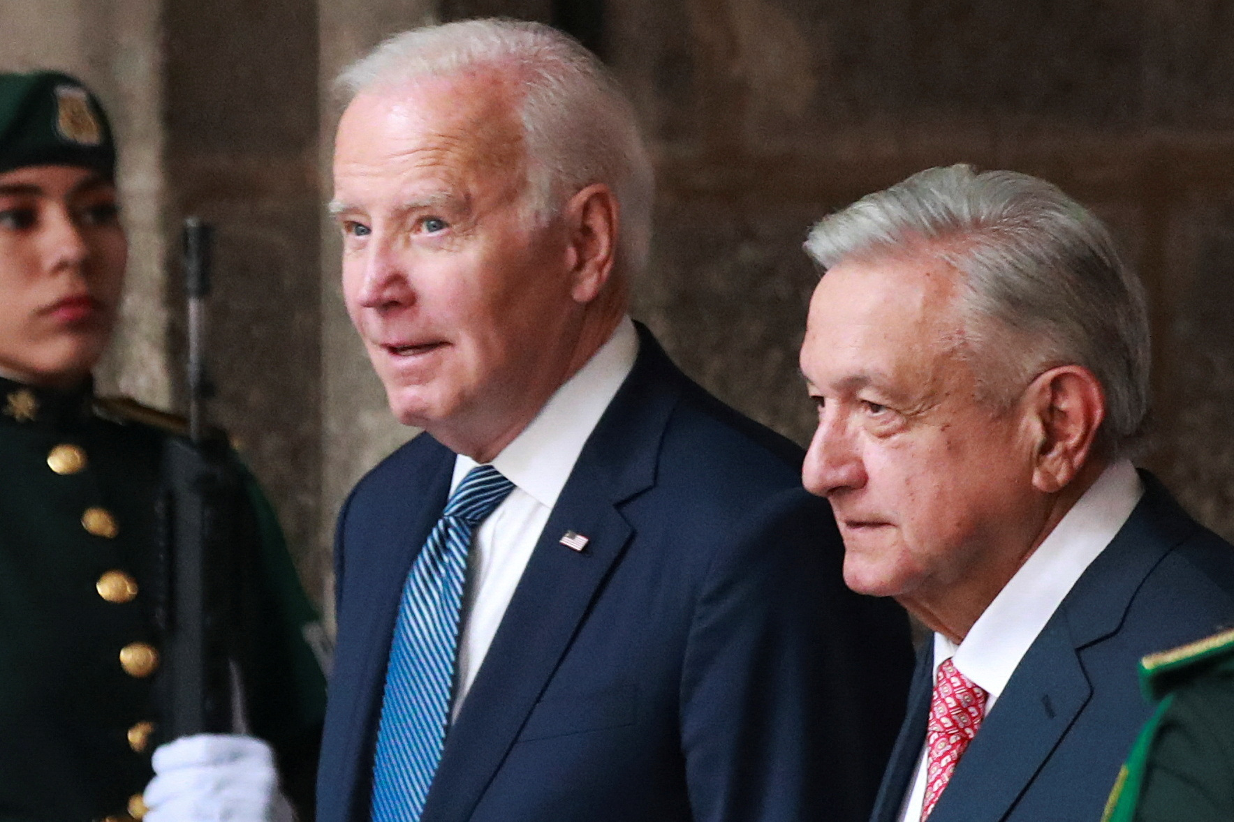 U.S. President Joe Biden meets his Mexican counterpart Andres Manuel Lopez Obrador at an official welcoming ceremony before taking part in the North American Leaders' Summit at the National Palace in Mexico City, Mexico January 9, 2023. REUTERS/Henry Romero