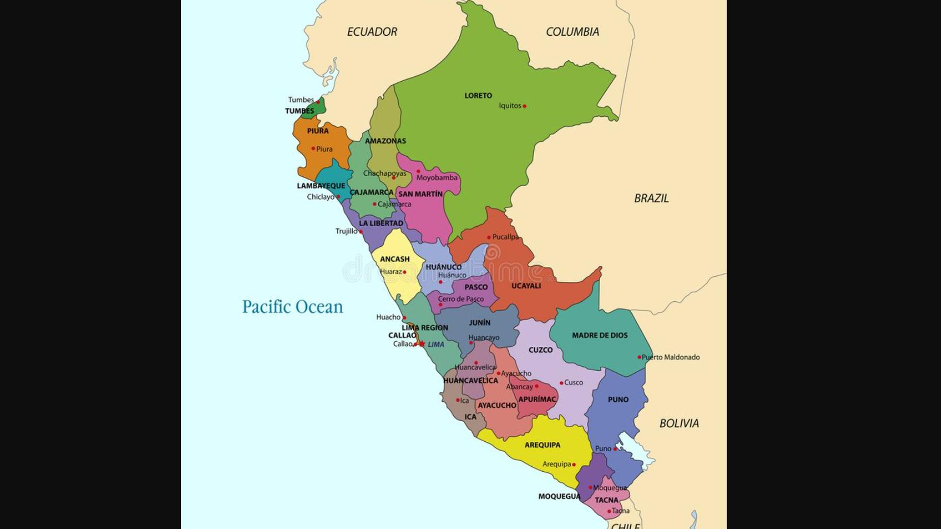 Peru current map of the regions and their capitals(dreamstime)