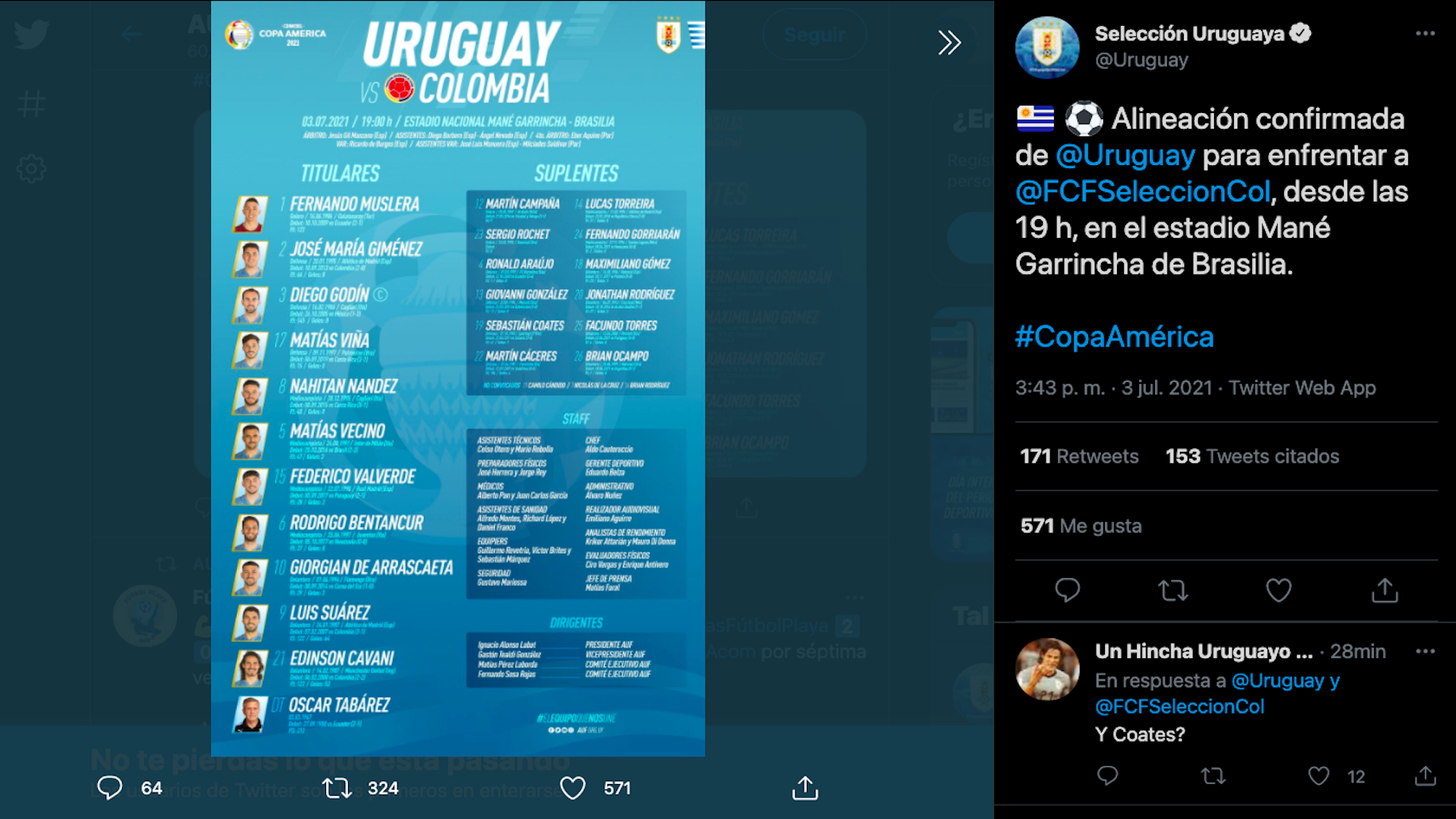 Alineación uruguaya, cuartos de final Conmebol Copa América 2021 / (Twitter: @Uruguay).