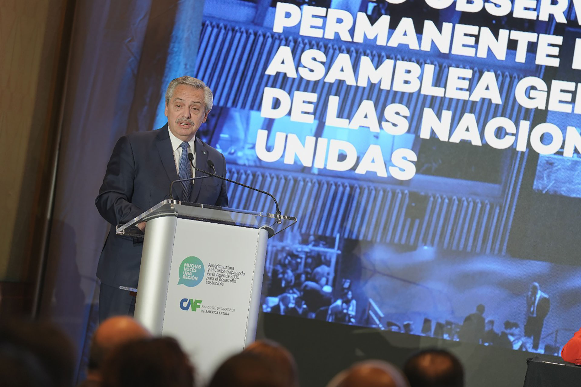 El presidente de Argentina, Alberto Fernández, durante su exposición en la CAF