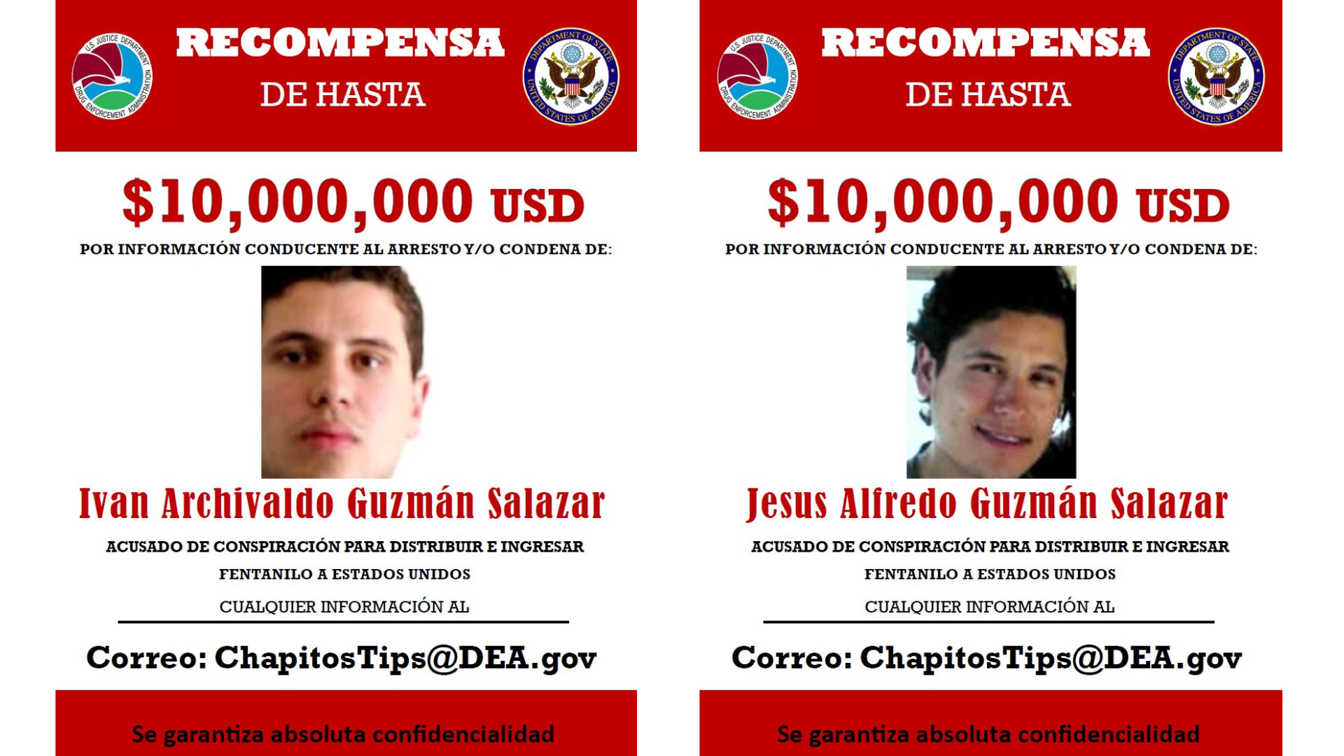 Por Iván Archivaldo y Jesús Alfredo Guzmán Salazar, la DEA ofrece hasta 10 millones de dólares, pues son considerados los actuales cabecillas de 'Los Chapitos' (Foto: DEA)