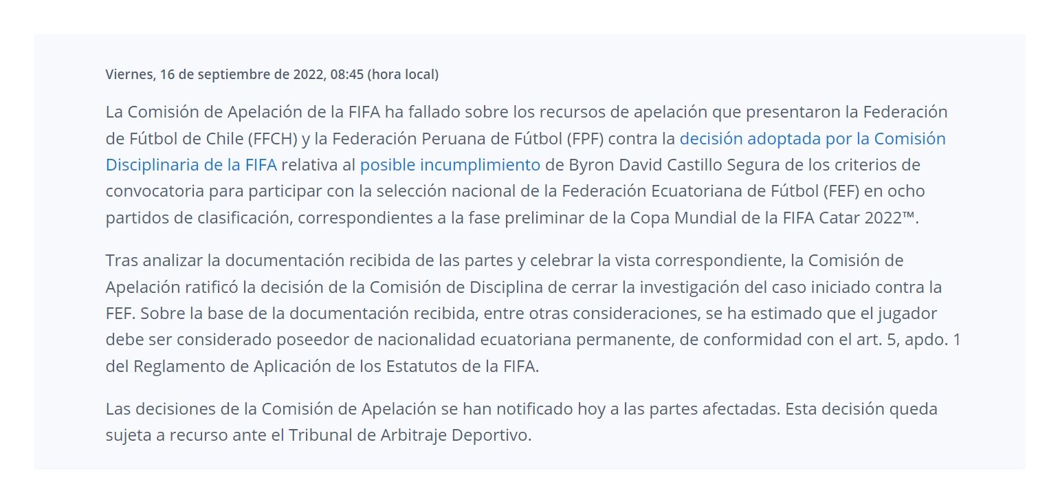 Comunicado de la FIFA respecto al caso Byron Castillo