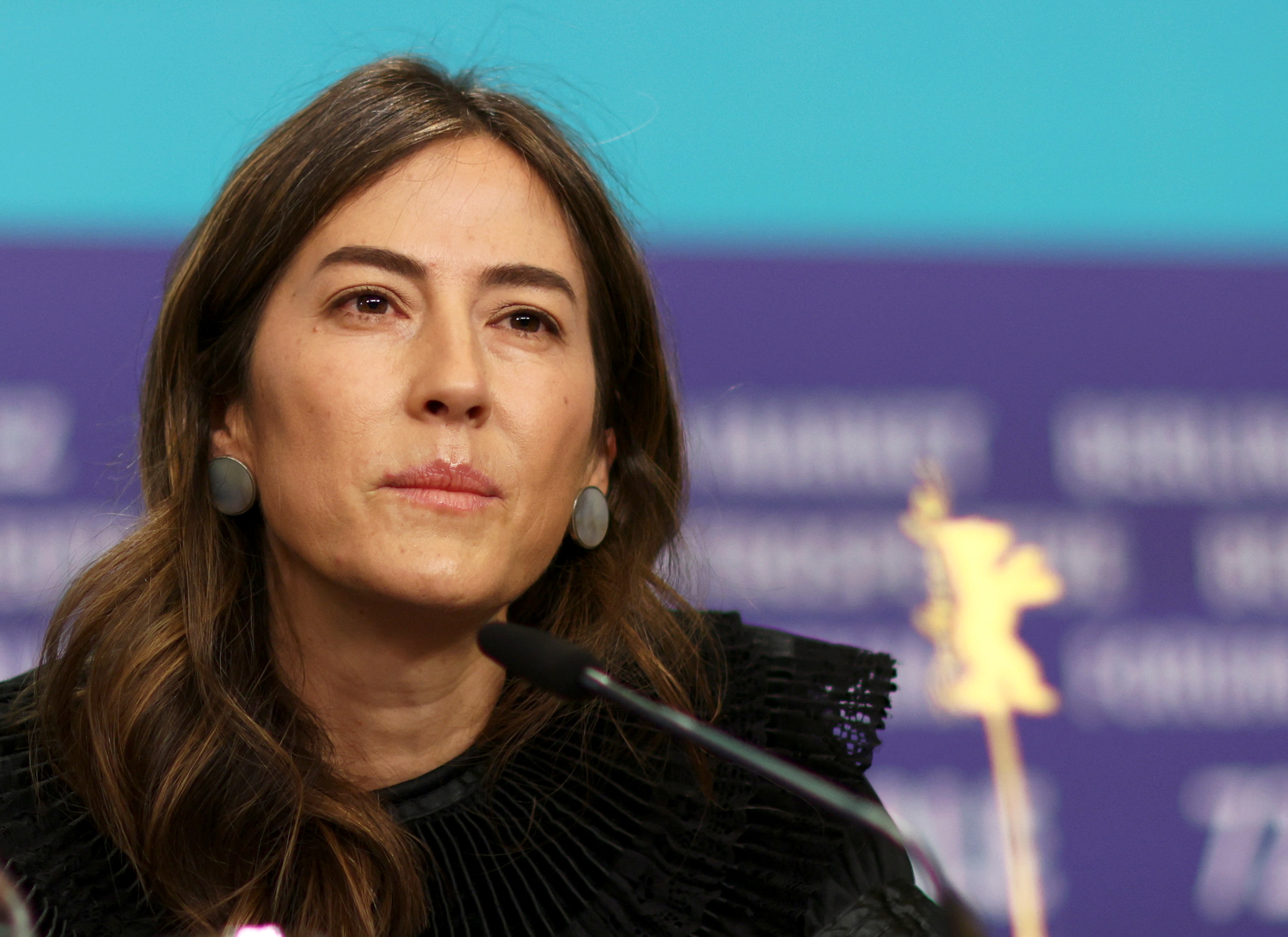 Director Natalia Lopez Gallardo attends a news conference to promote the movie 'Robe of Gems' at the 72nd Berlinale International Film Festival in Berlin, Germany, February 11, 2022. REUTERS/Christian Mang