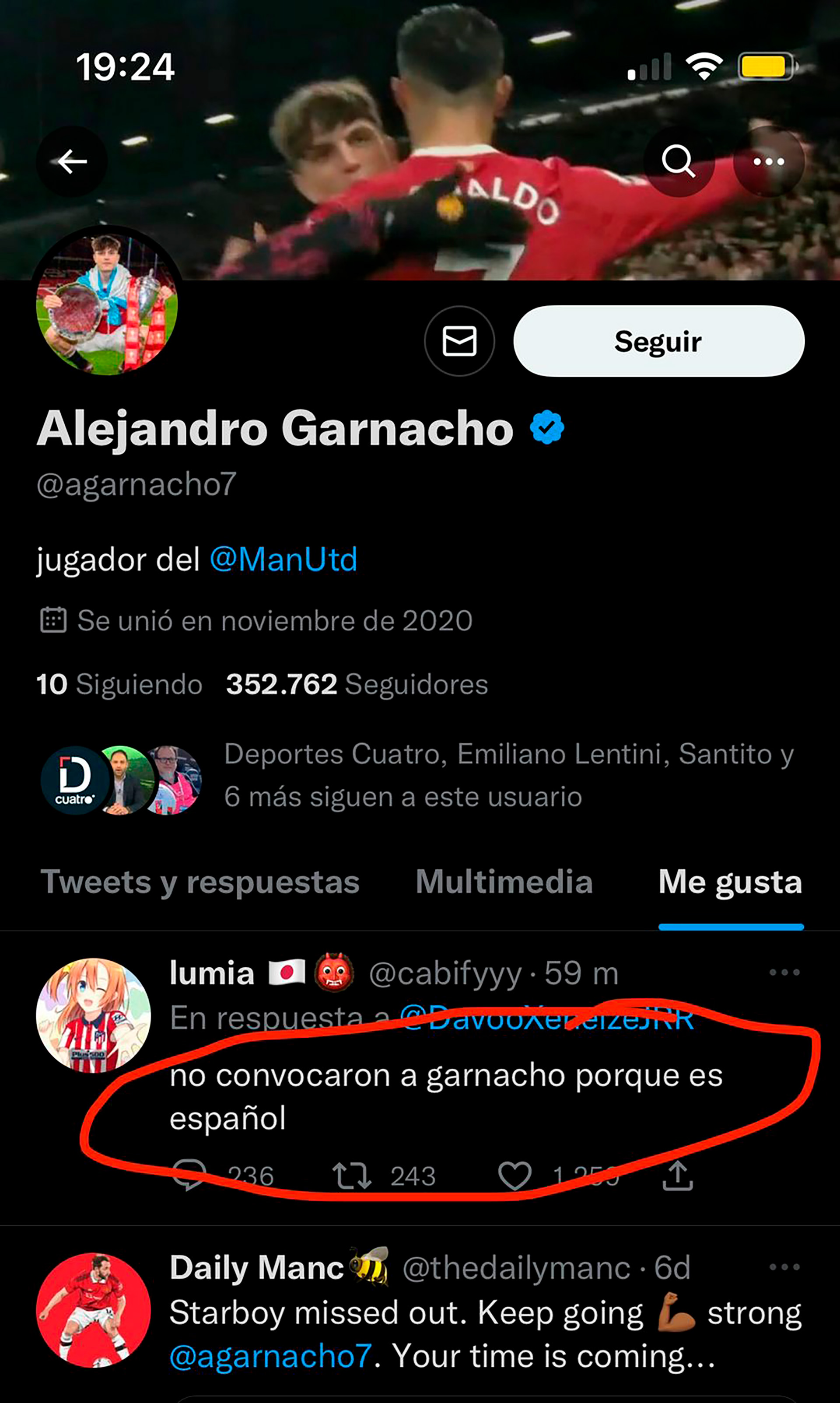 El like de Alejandro Garnacho en su cuenta personal de Twitter