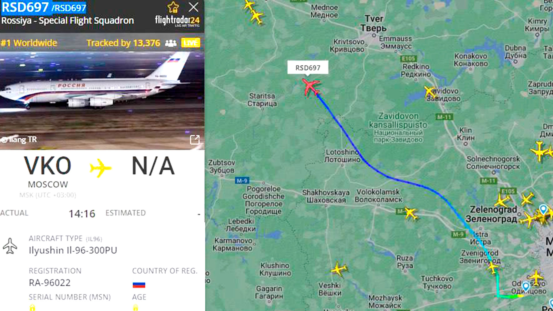 Captura del sitio web de rastreo FlightRadar sobre el trayecto del avión de Putin