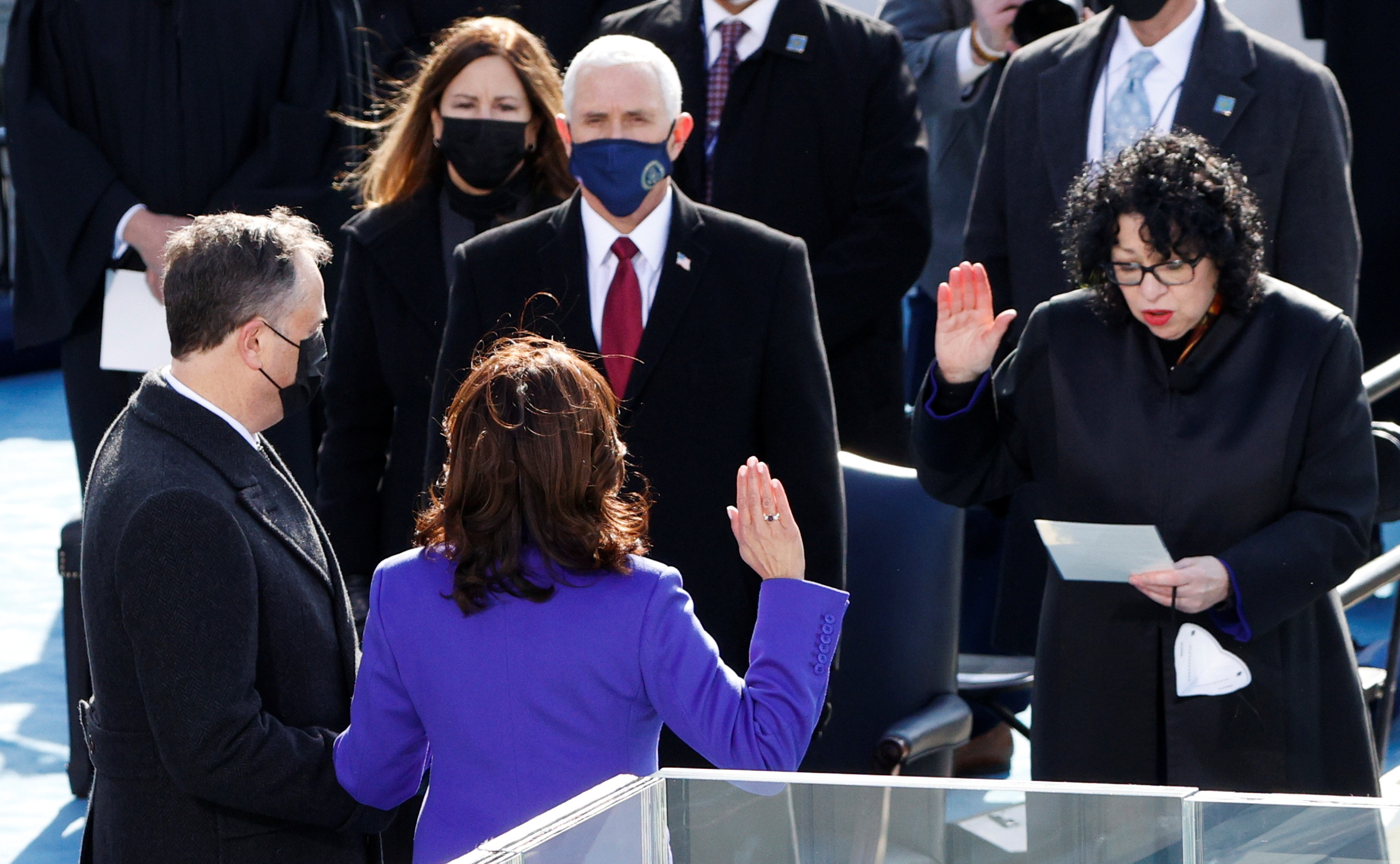 Kamala Harris is sworn in as U.S. Vice President during the inauguration of Joe Biden as the 46th President of the United States on the West Front of the U.S. Capitol in Washington, U.S., January 20, 2021. REUTERS/Brendan Mcdermid