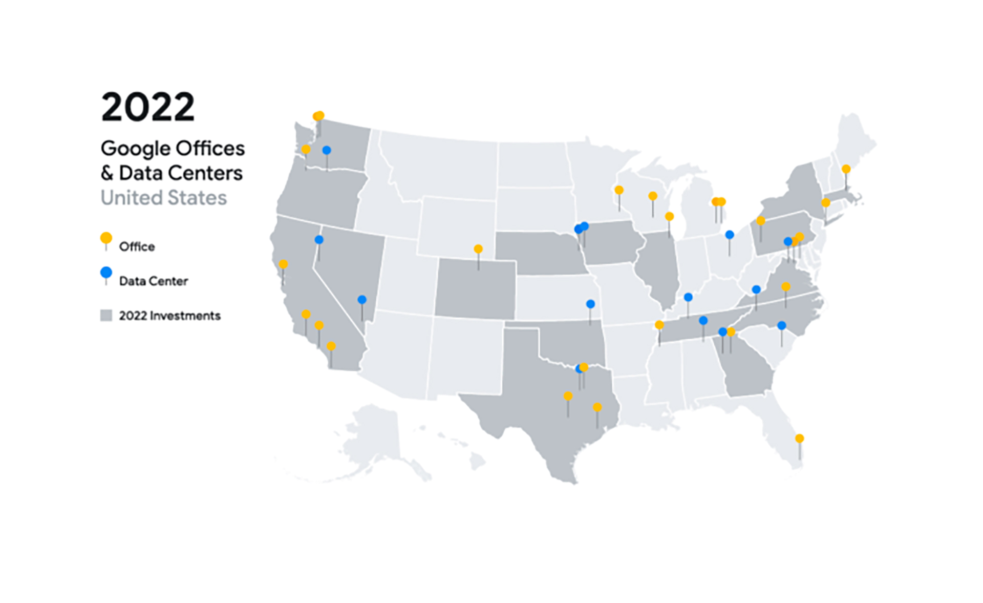 El mapa de las oficinas y centros de datos de Google en EEUU