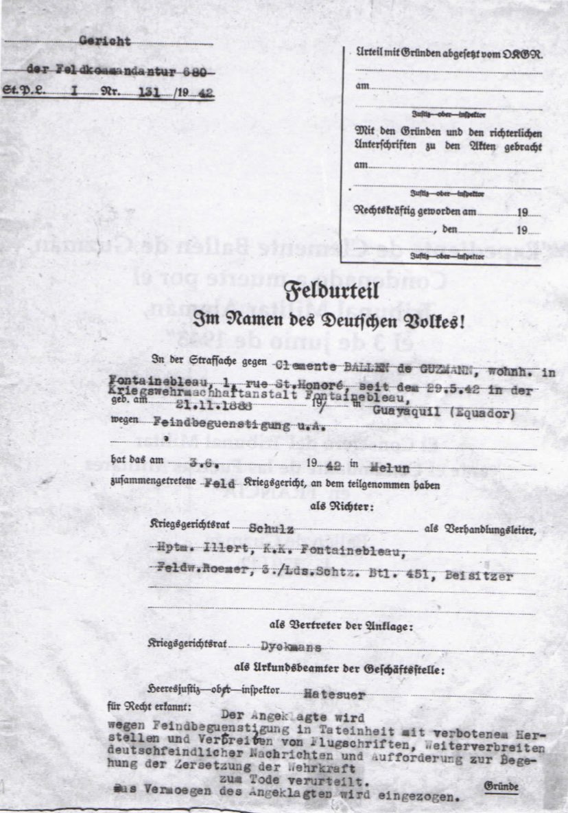 Copia de los documentos del juicio que armó la Gestapo en contra de Clemente Ballén de Guzmán.