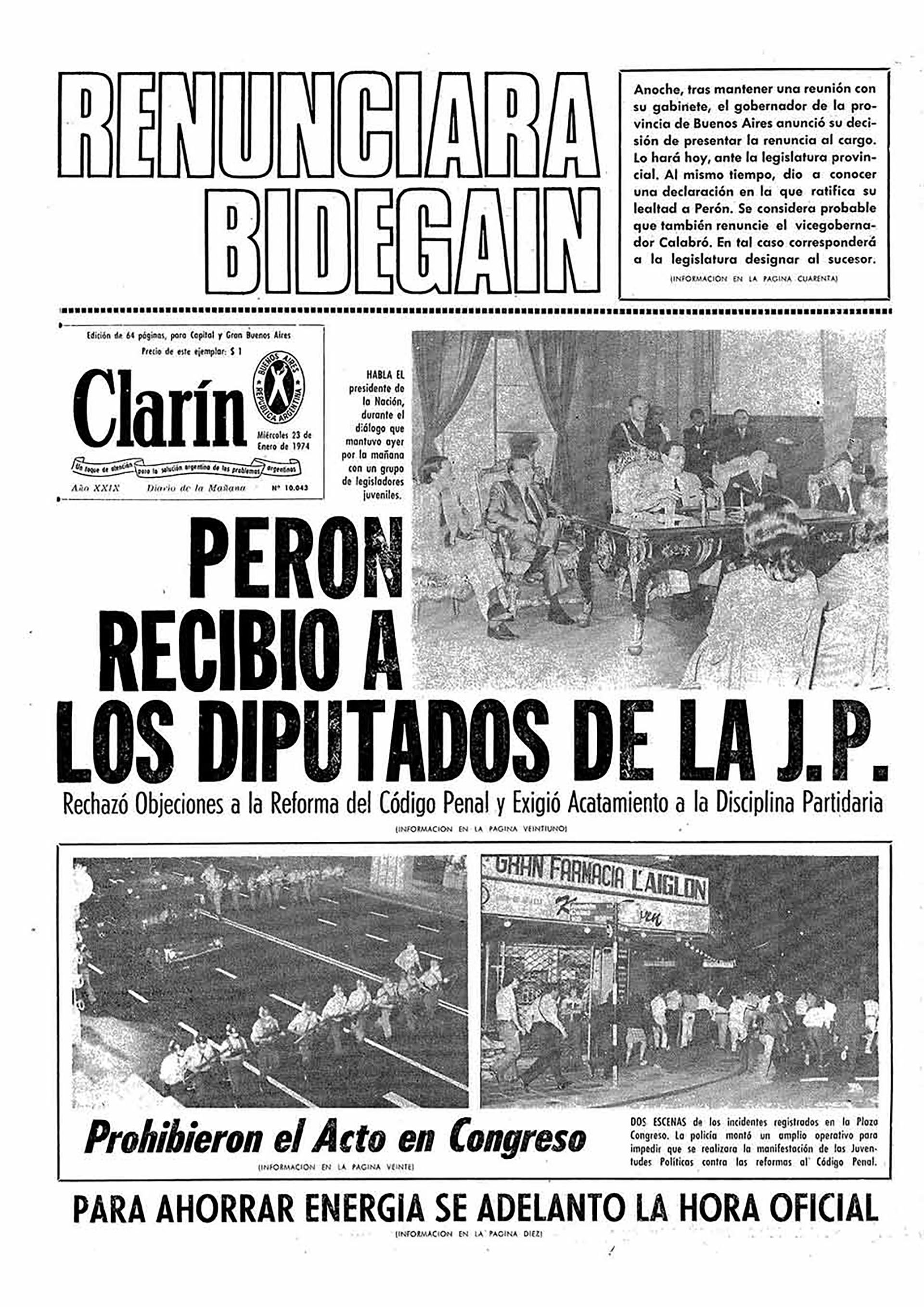 La tapa de Clarín del 23 de enero tras la reunión de Perón con los diputados de la Tendencia Revolucionaria. De los 14 legisladores, 8 renunciaron por orden de Firmenich