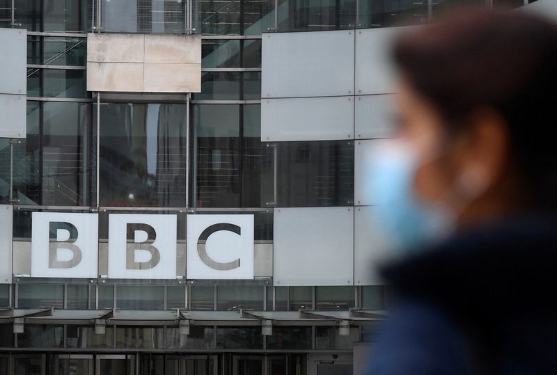 Signage is seen at the entrance to BBC Broadcasting House offices and recording studios, London, Britain, May 21, 2021. REUTERS/Toby Melville