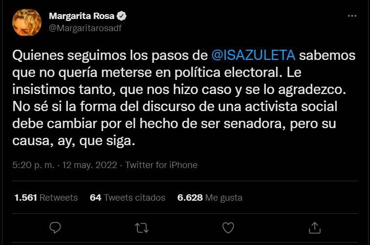 Through Twitter, the actress Margarita Rosa de Francisco defended the senator elected by the Historical Pact, Isabel Cristina Zuleta.  PHOTO: via Twitter (@margaritarosadf)