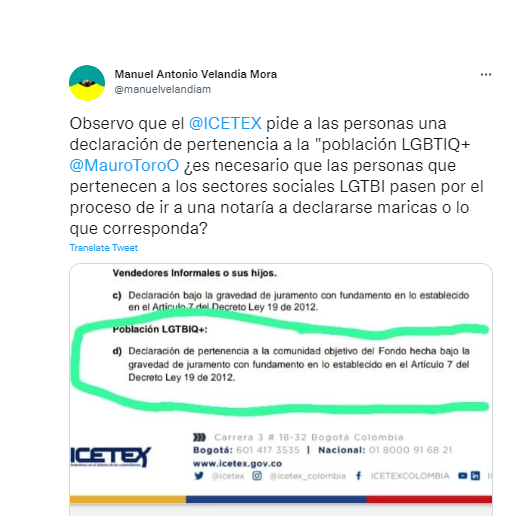 Cuestionamiento de Manuel Velandia sobre el proceso de las personas LGBT para acceder al Fondo generación Valor. Créditos: @manuelvelandiam. Twitter.