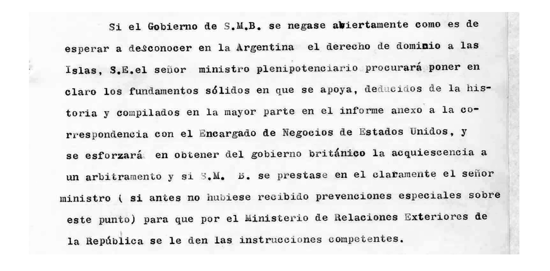 La copia mecanografiada de la nota que Manuel Maza le envió a Manuel Moreno en febrero de 1833 para que acuda al arbitraje internacional. 