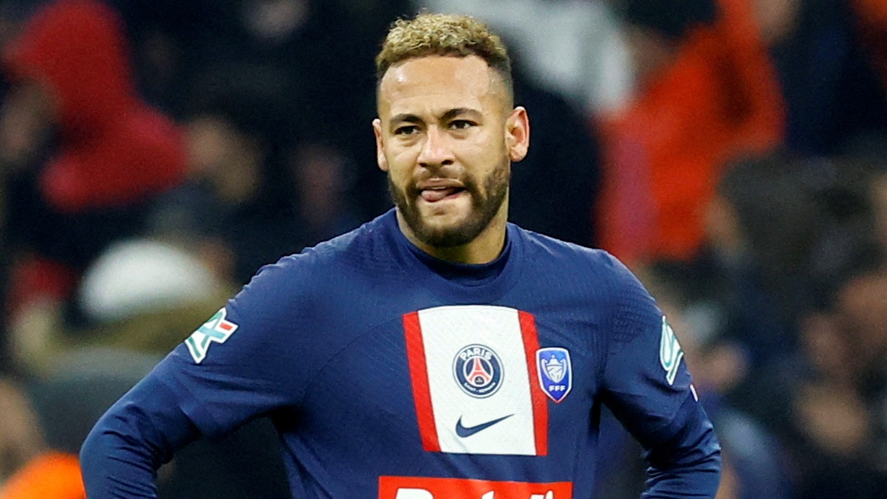 FILE PHOTO: Soccer Football - Coupe de France - Round of 16 - Olympique de Marseille v Paris St Germain - Orange Velodrome, Marseille, France - February 8, 2023  Paris St Germain's Neymar reacts after Olympique de Marseille's Ruslan Malinovskyi scores their second goal REUTERS/Eric Gaillard/File Photo