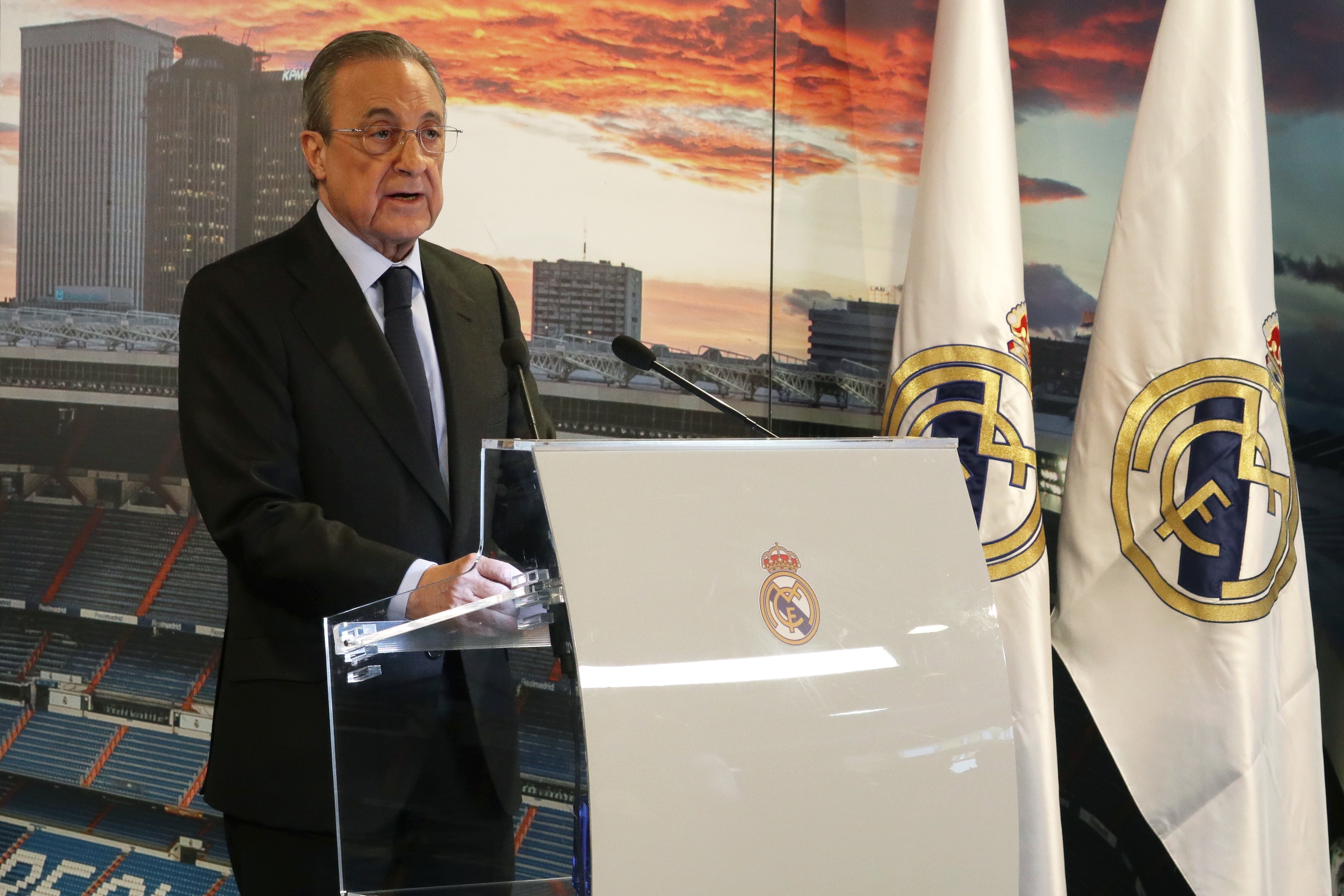Florentino Pérez, presidente del Real Madrid, durante una presentación en el estadio Santiago Bernabeu.