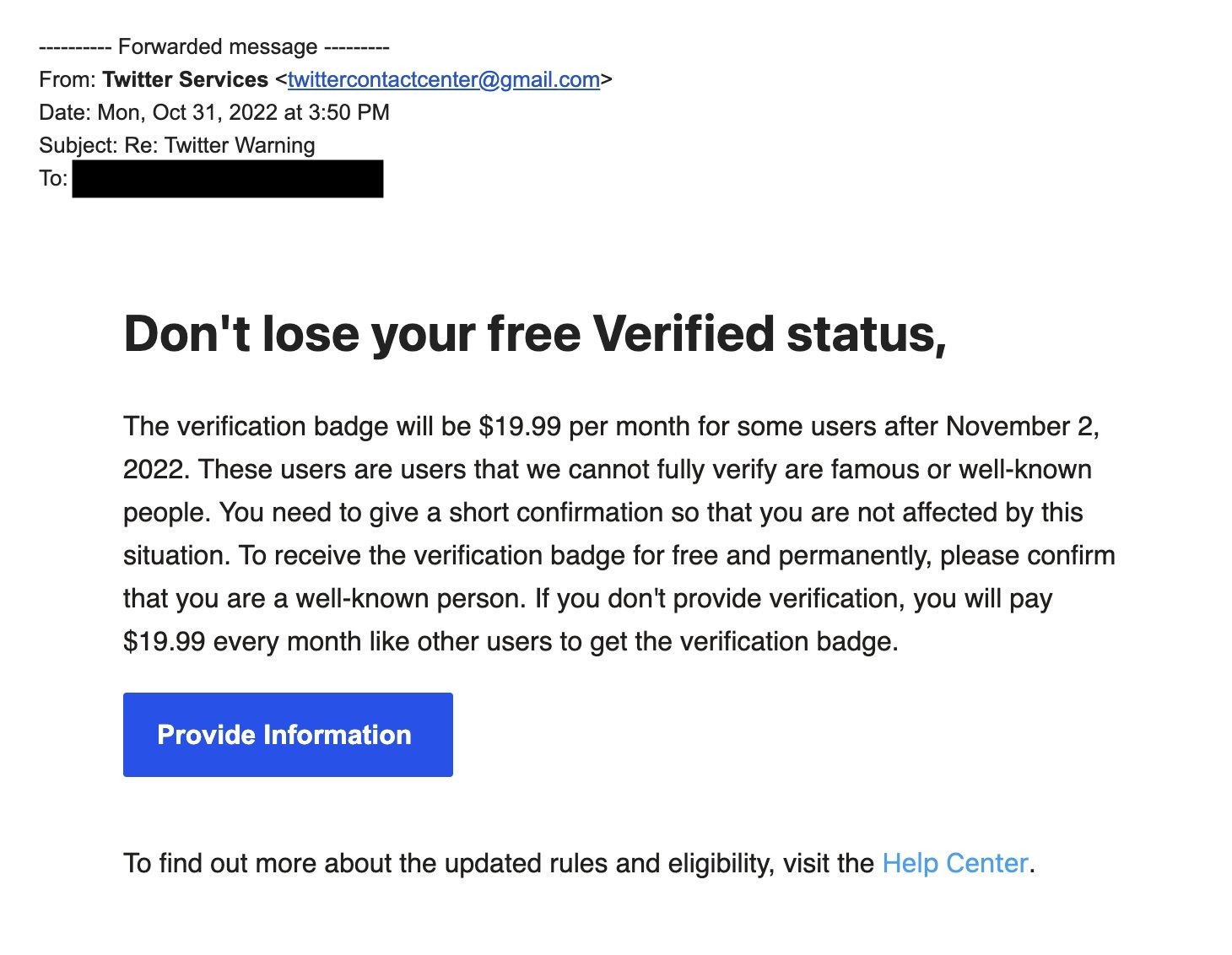Campaña de phishing en Twitter usa el nuevo sistema de verificación para robar la información de los usuarios. (Twitter/@zackwhittaker)
