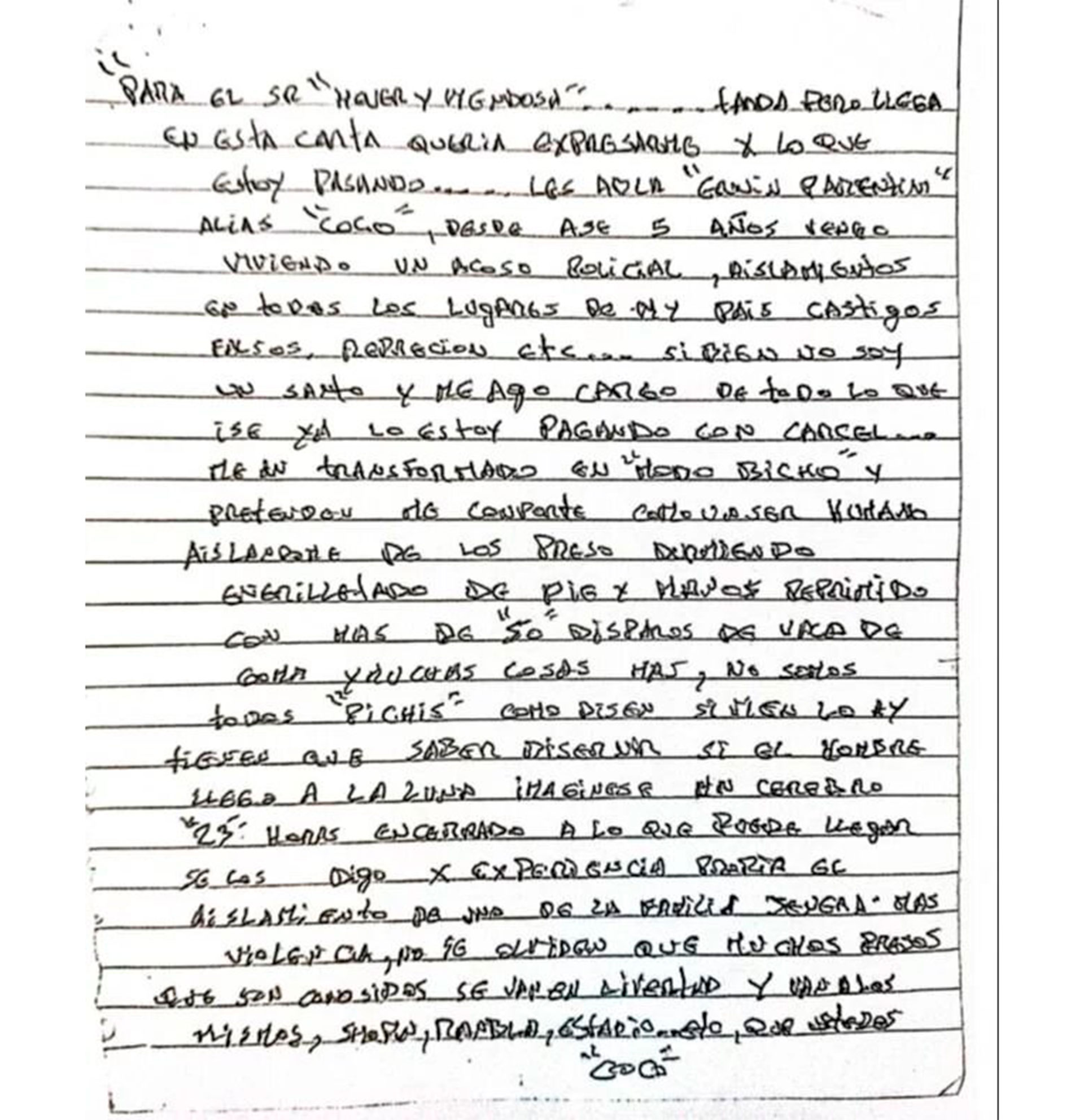 Segunda carta de Edwin "Coco" Parentini, dirigida al ministro de Interior y al director del Instituto Nacional de Rehabilitación