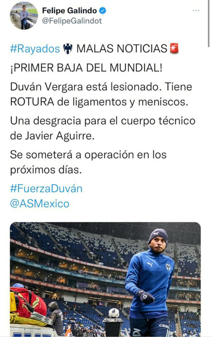 Duván Vergara sufrió una grave lesión en el fútbol mexicano y se pierde el resto de la temporada / Captura de pantalla de Twitter