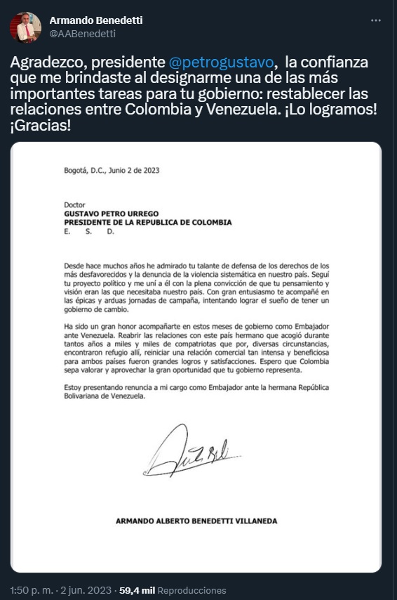 Mediante un comunicado, Armando Benedetti confirmó su salida como embajador en Venezuela (@AABenedetti/Twitter)