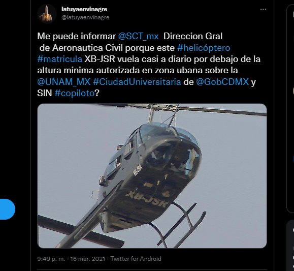 Helicóptero vuela por la zona de CU
(Foto: captura de pantalla/Twitter)