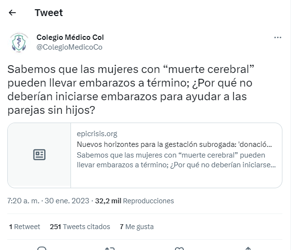 Publicación del Colegio Médico Colombiano en redes sociales