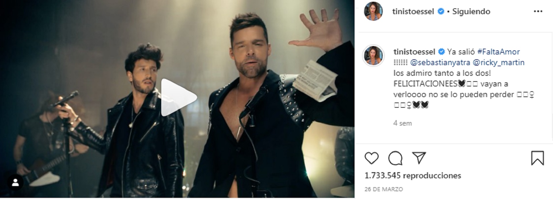El último mensaje de Tini sobre Sebastián en sus redes sociales fue el 26 de marzo, cuando promocionó el nuevo tema que el cantante lanzó junto a Ricky Martin