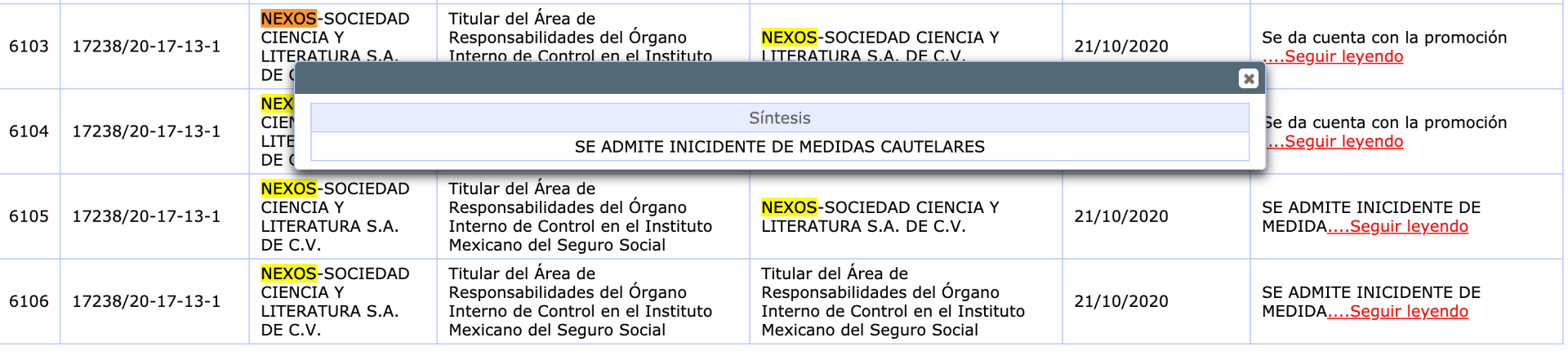 Nexos consiguió dos suspensiones provisionales este martes (Foto: Captura de Pantalla Tribunal Federal de Justicia Administrativa)