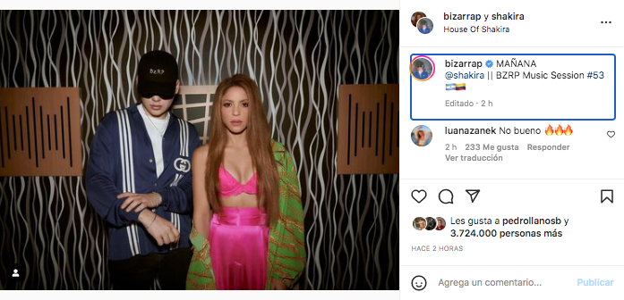 Bizarrap y Shakira confirmaron oficialmente su colaboración con esta fotografía en redes sociales. Tomada de Instagram @shakira
