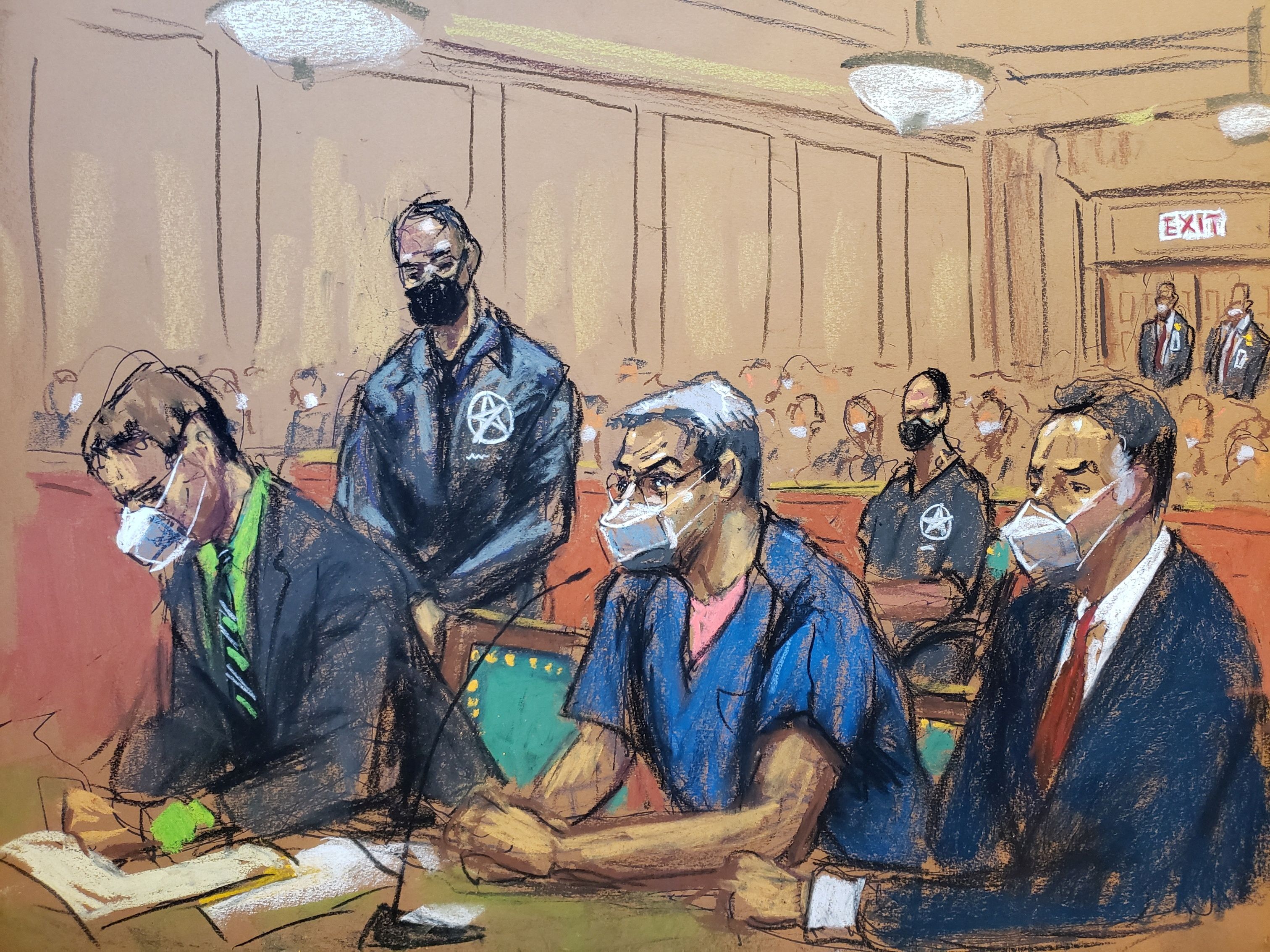 Boceto de una audiencia en el proceso judicial al expresidente hondureño Juan Orlando Hernández por narcotráfico en Nueva York.  REUTERS/Jane Rosenberg
