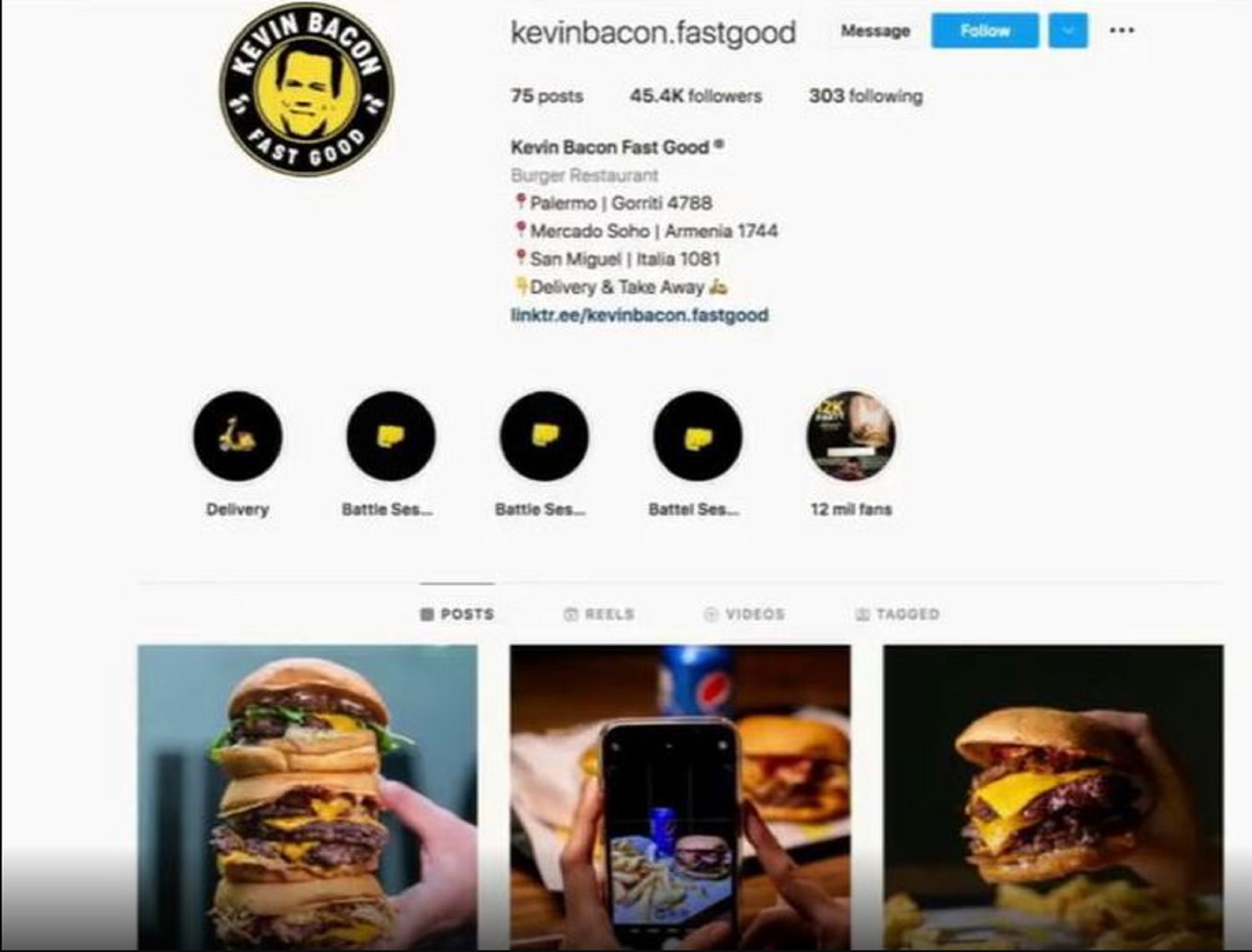 La cuenta de Instagram de la hamburguesería ante los dichos de Kevin Bacon