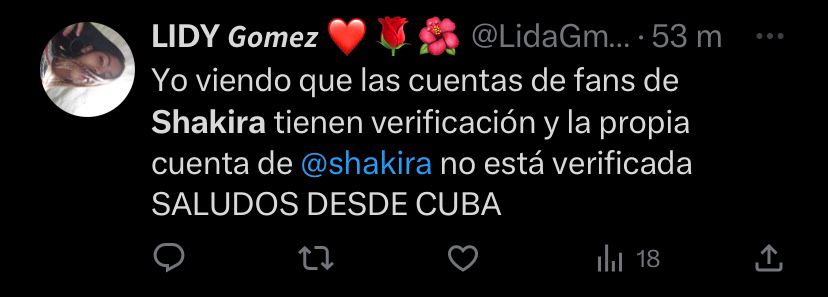 Seguidores de Shakira se despachan contra las nuevas políticas de Twitter por el "chulito azul". @LidaGmz/Twitter
