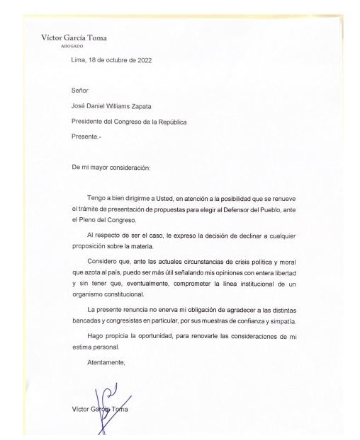 Carta del jurista Víctor García Toma al presidente del Congreso.