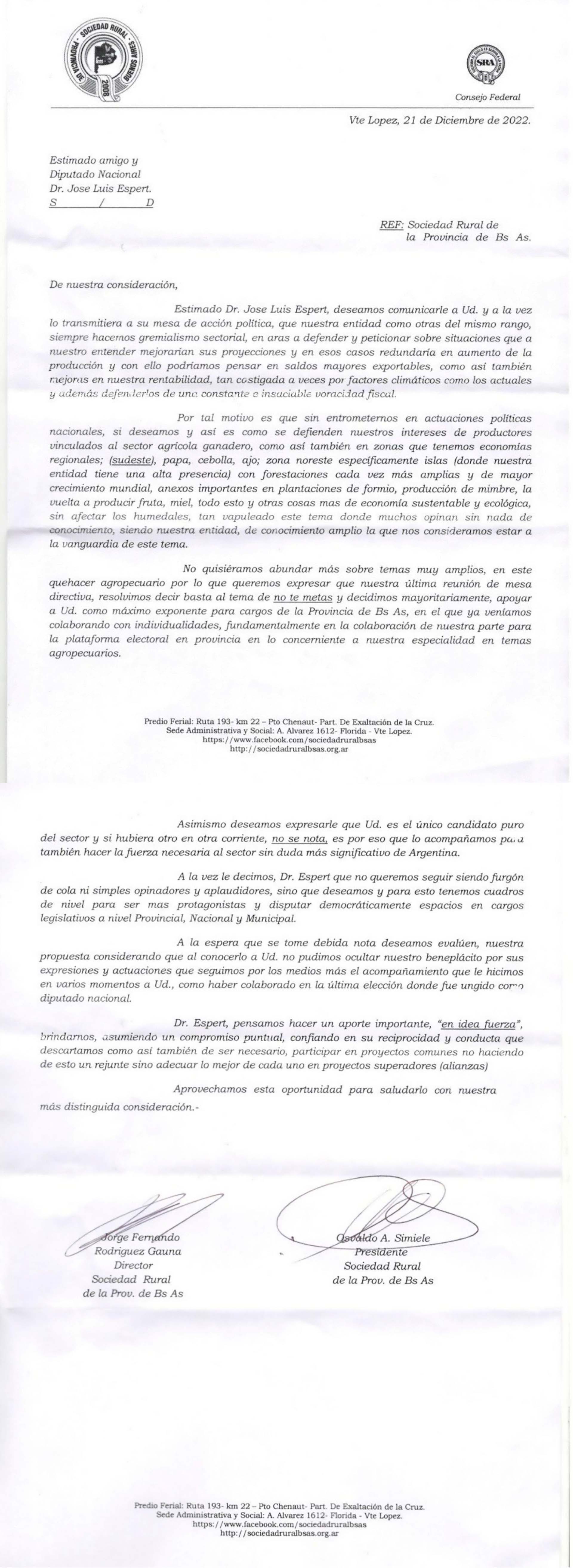 La carta de la Sociedad Rural de la provincia de Buenos Aires