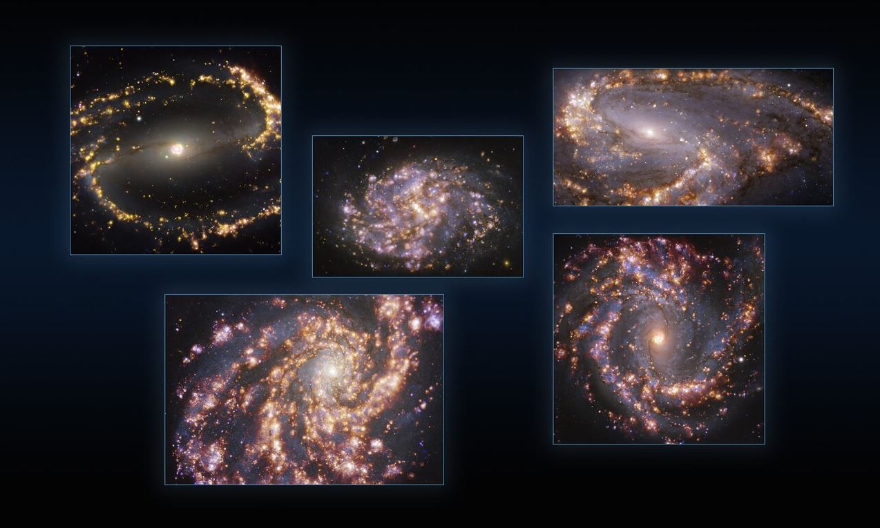 Las fotos muestran diferentes componentes de las galaxias con colores distintos, lo que permite a los astrónomos precisar la ubicación de las estrellas jóvenes y el gas que calientan a su alrededor