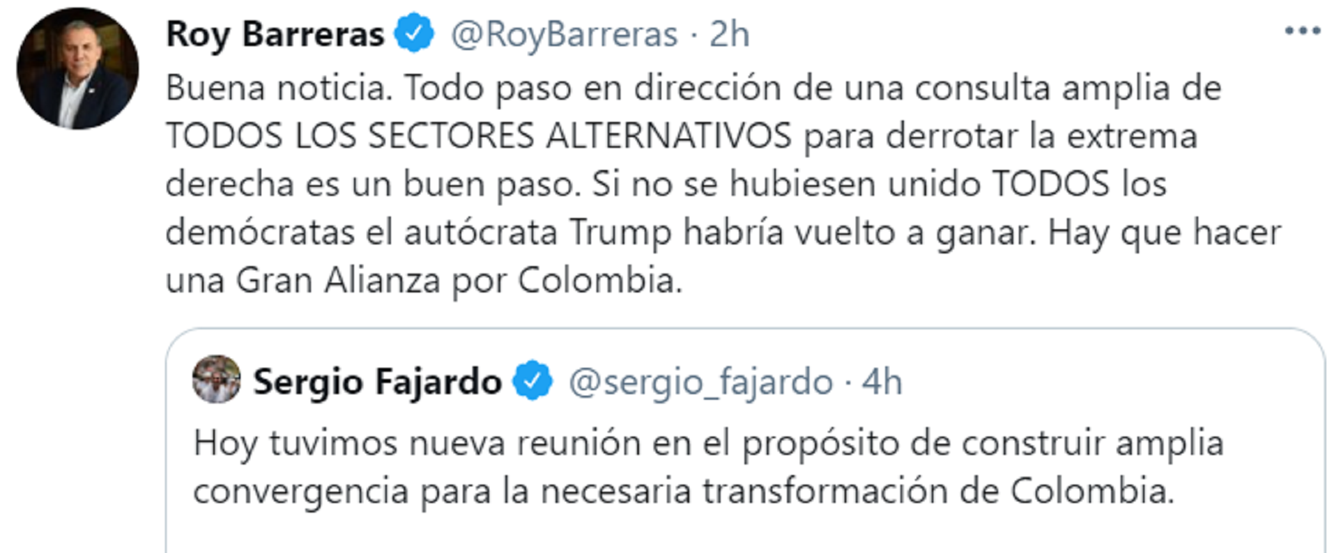 Roy Barreras también manifestó su opinión frente a la convergencia política de centro para las elecciones presidenciales del 2022. Foto: Twitter Roy Barreras.