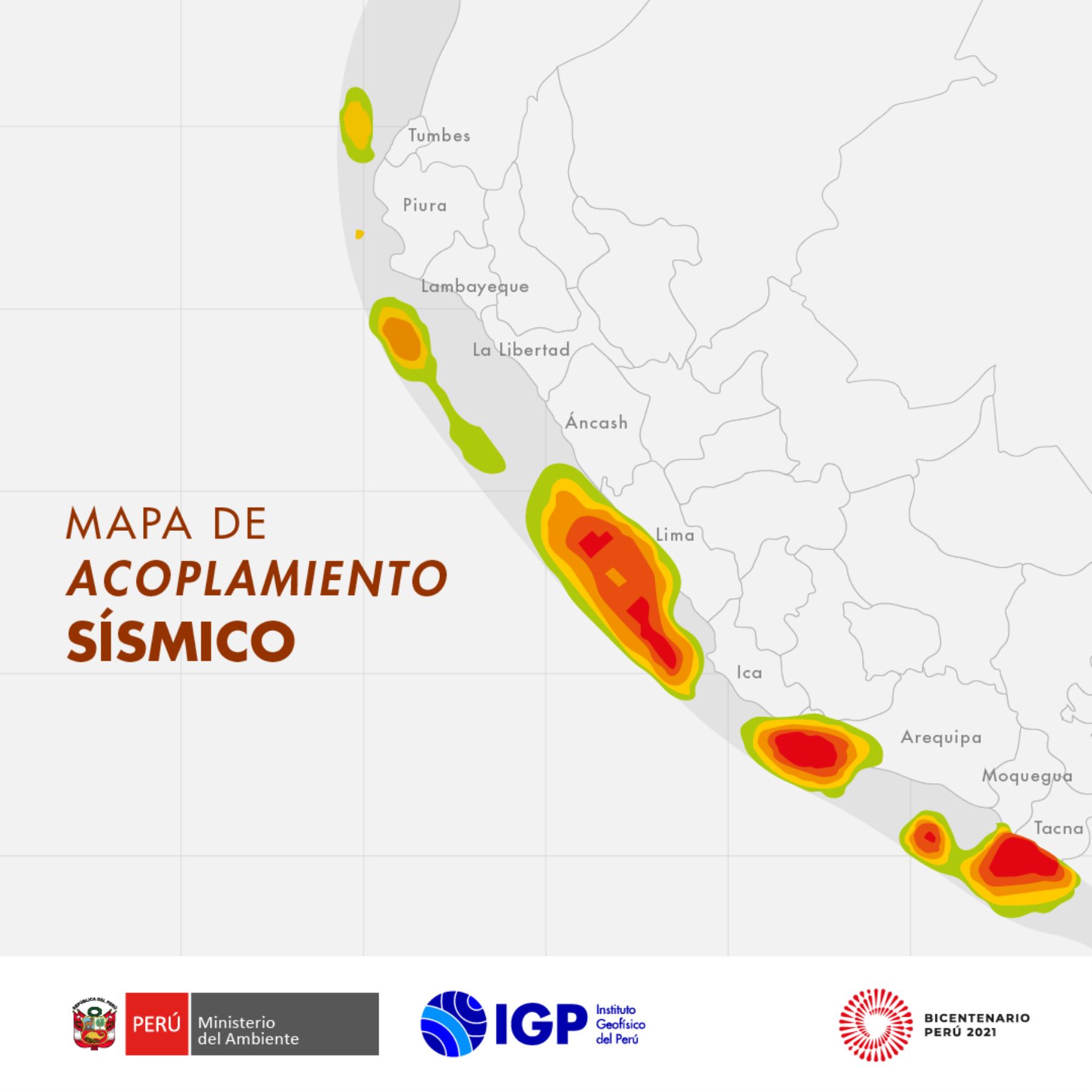 El Mapa de acoplamiento sísmico muestra las áreas del país donde, en el futuro, la energía se liberará con sismos de gran magnitud. | IGP