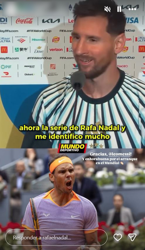 La reacci&oacute;n de Rafael Nadal tras las elogiosas declaraciones de Lionel Messi en el Mundial 2026