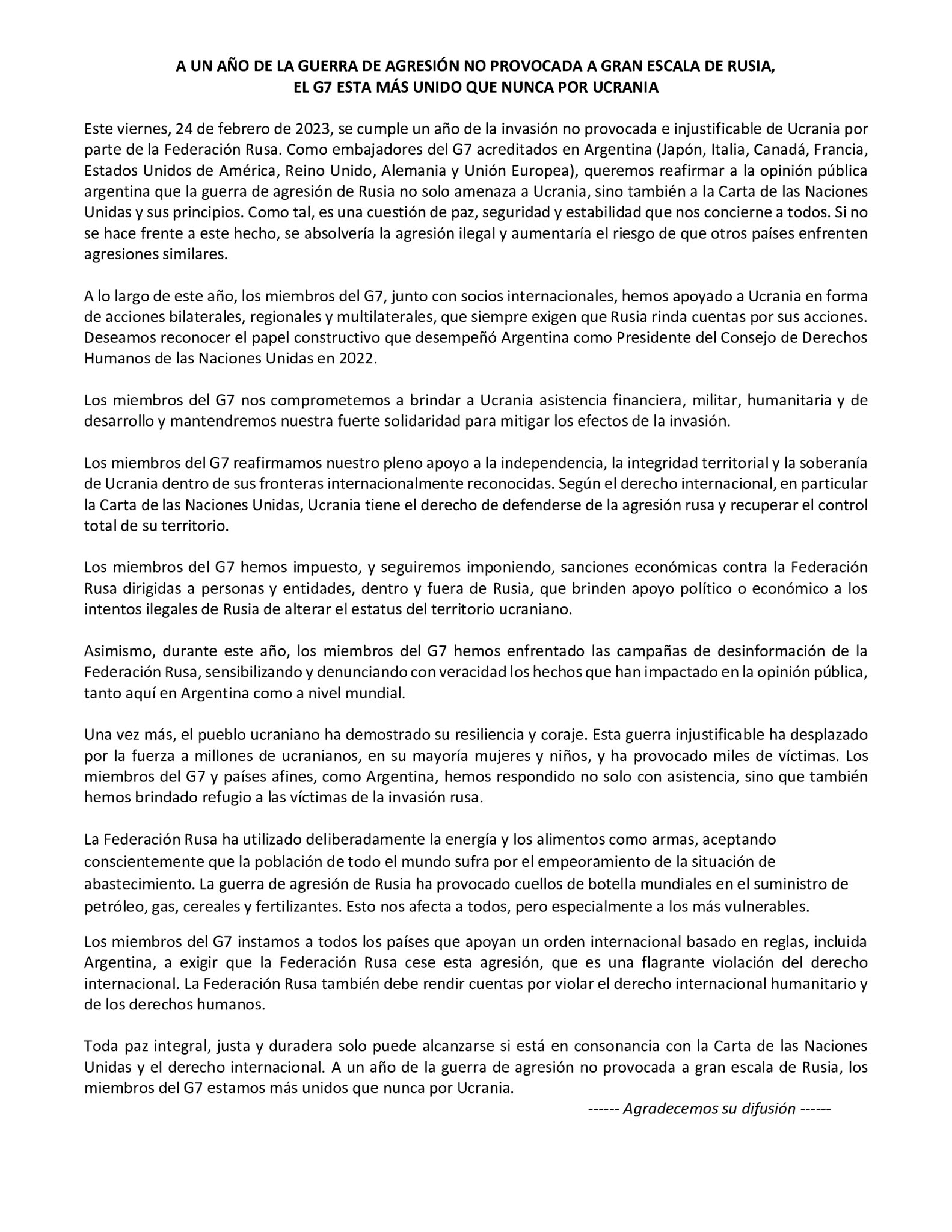 El documento completo difundido por los diplomáticos del G7