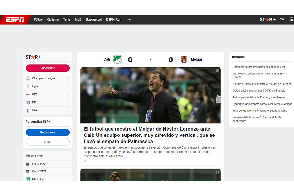 El encabezado de ESPN Colombia por el Melgar vs Deportivo Cali.