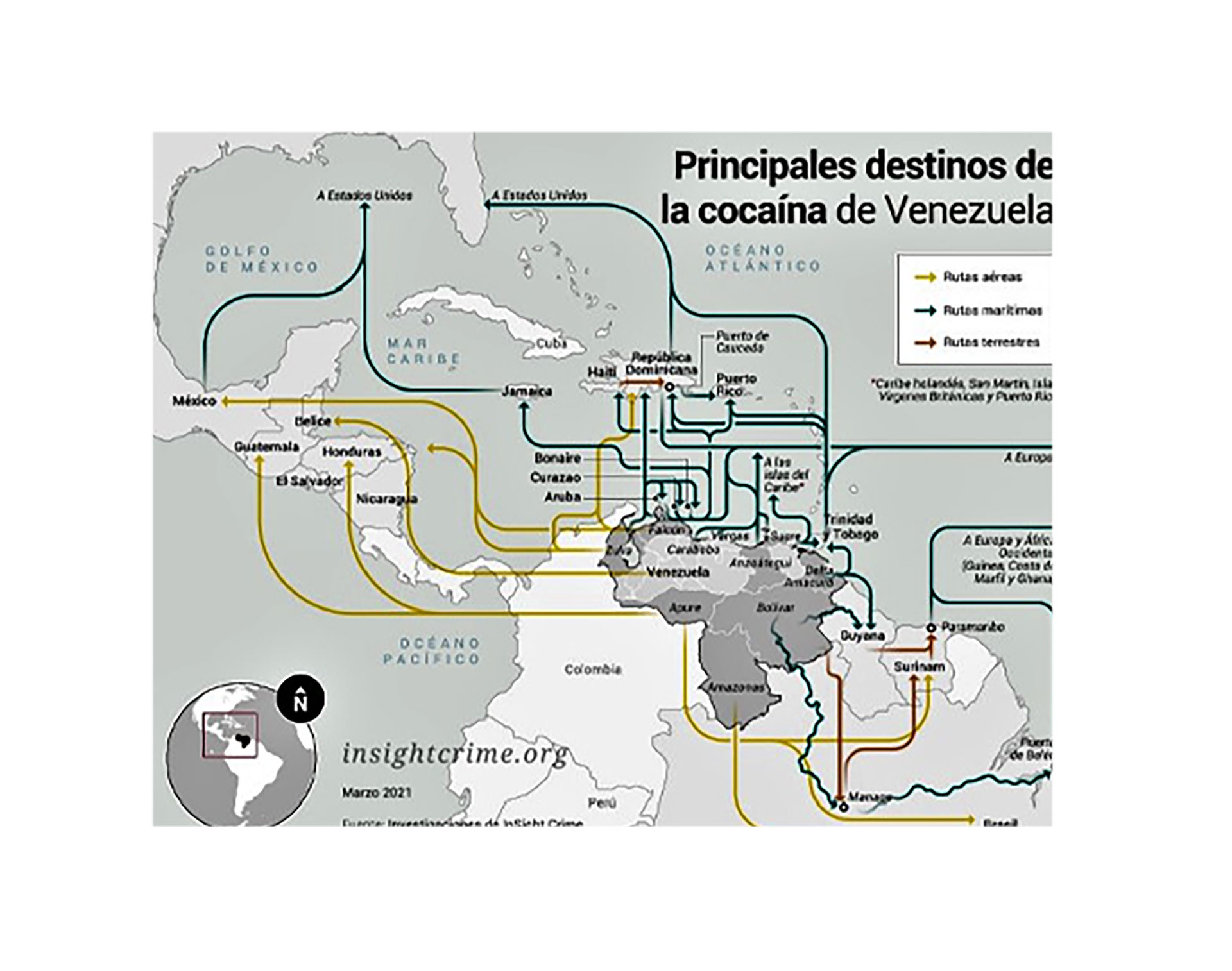 En este mapa de las rutas impresiona la importancia que tiene el estado Falcón en la salida de droga vía marítima