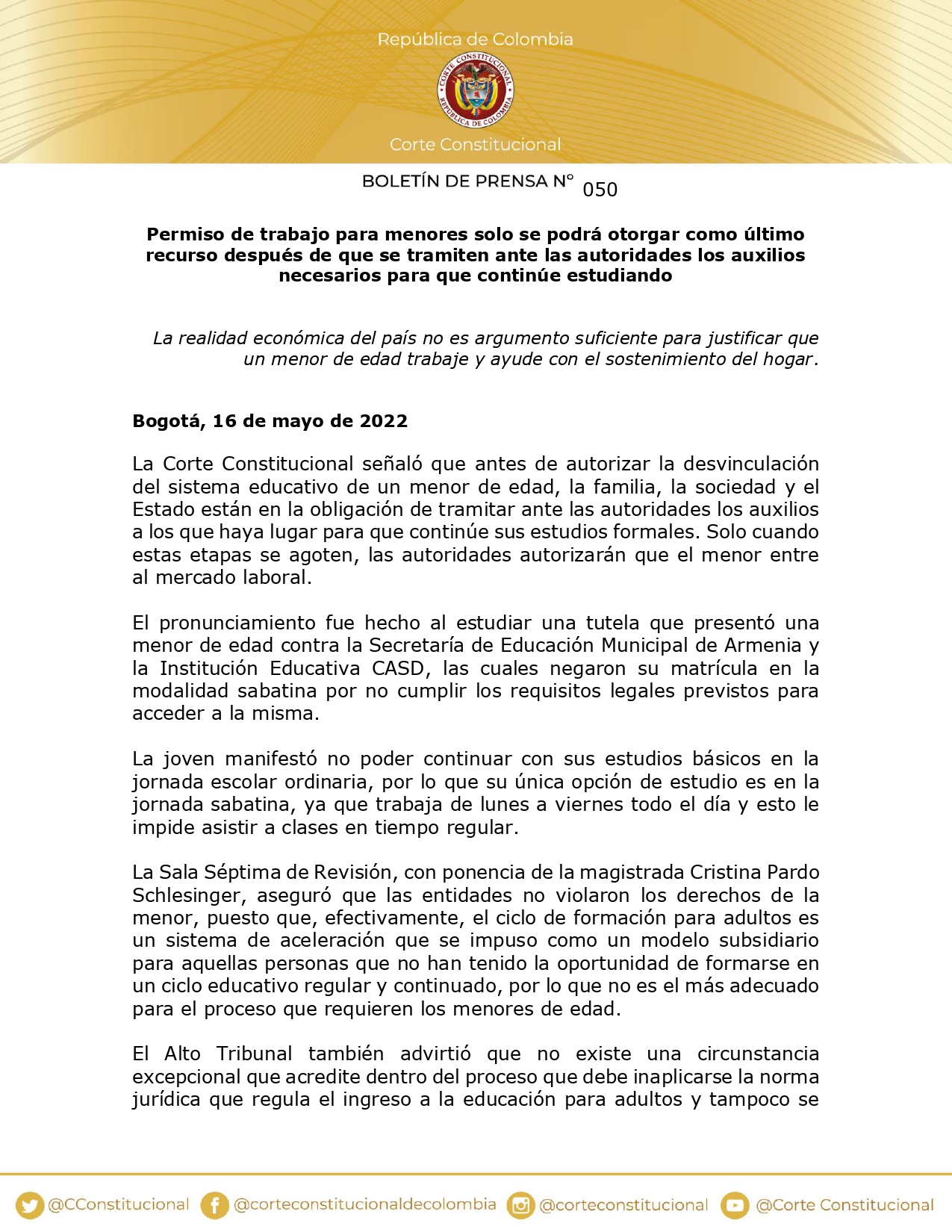 Corte Constitucional Aclaró Que El Permiso Para Que Los Menores De Edad Trabajen Solo Se Puede 6583