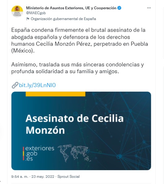 El gobierno de España exigió al gobierno de México el esclarecimiento del asesinato de Cecilia Monzón (Foto: Twitter@MAECgob)