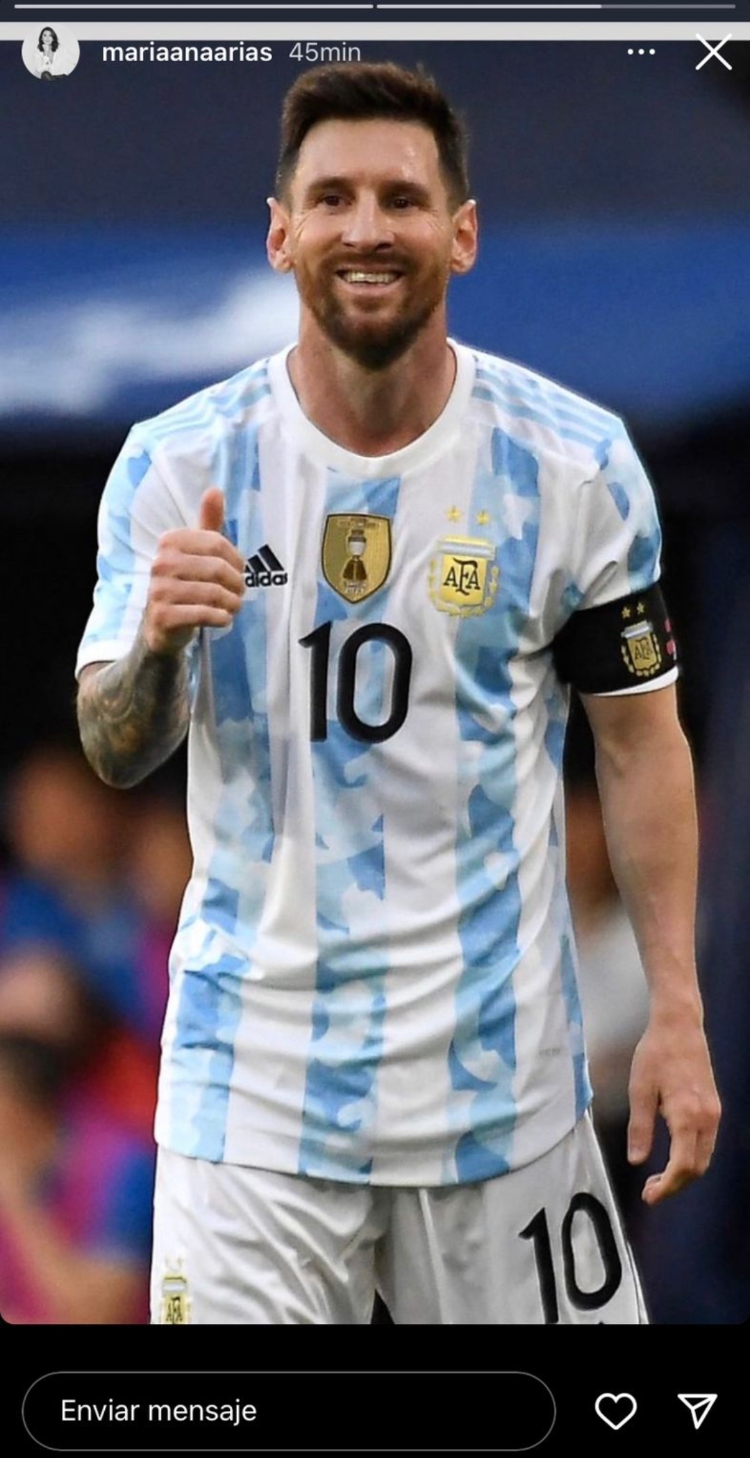 Mariana Arias compartió una foto de Lionel Messi tras la goleada