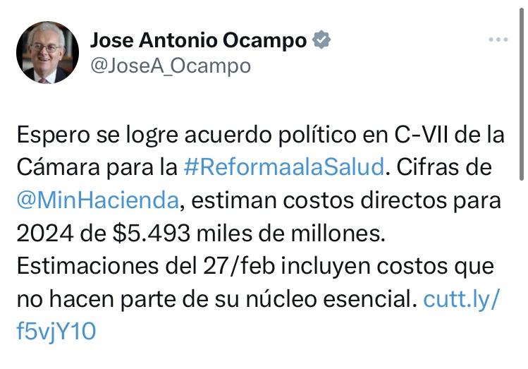 Tuit del ministro José Antonio Ocampo sobre el costo fiscal de la reforma a la salud.