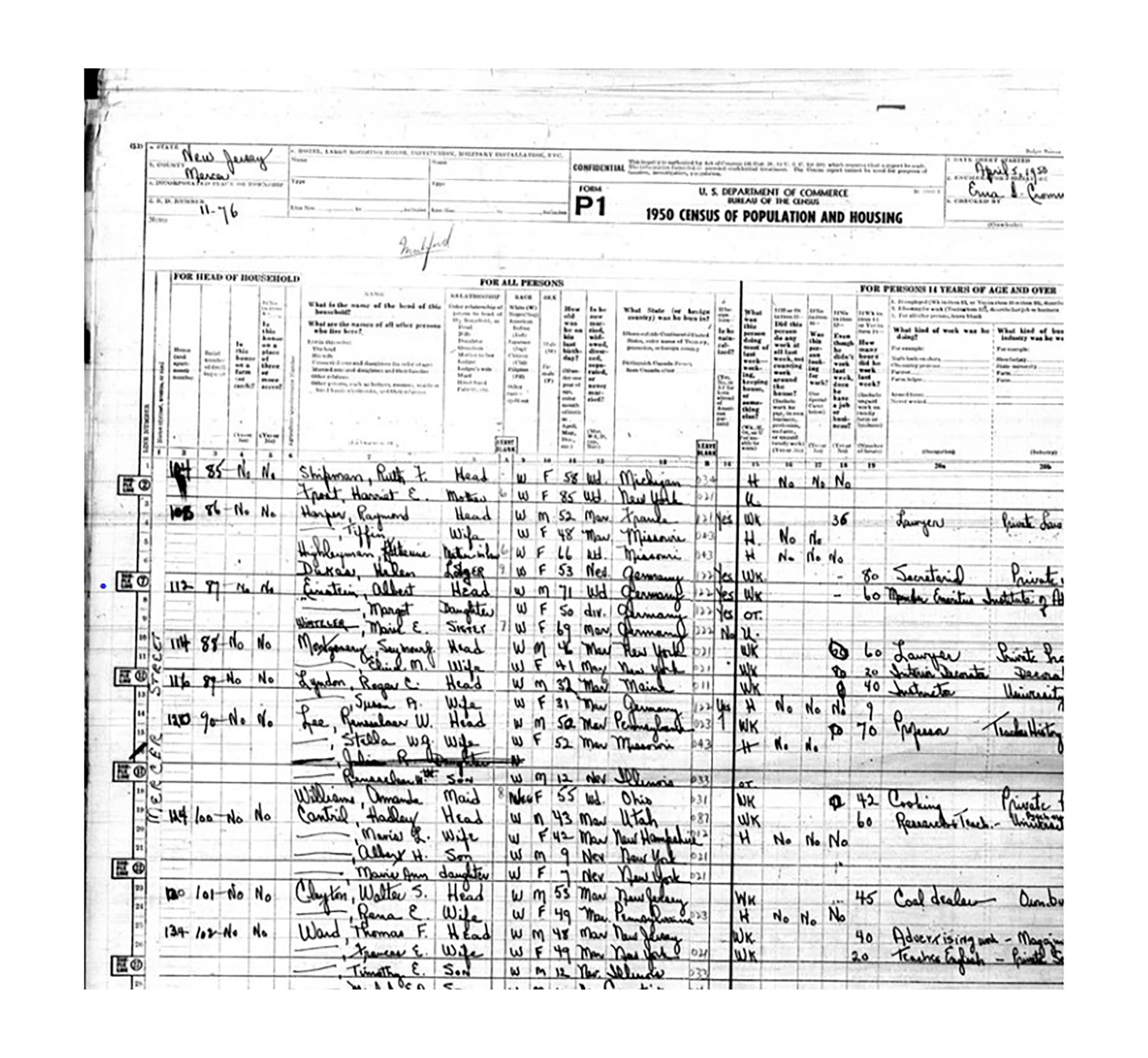 El nombre de Albert Einstein, en el censo de 1950 en Estados Unidos, país que se convirtió en su patria adoptiva (NARA/National Archives and Records Administration).