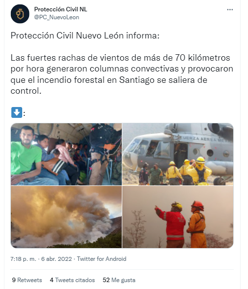 Debido a las fuertes rachas de viento, se tuvo que evacuar a más de 30 personas de Puerto La Camotera y 30 combatientes el pasado 6de abril (Foto: Twitter@PC_NuevoLeon)