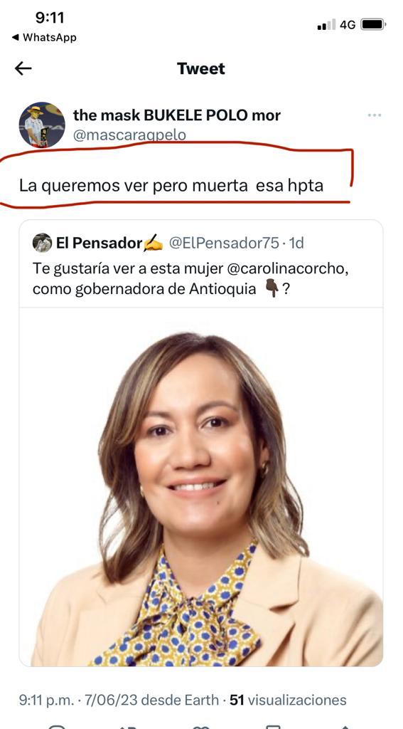 Amenaza a la exministra de Salud Carolina Corcho. (Captura de pantalla)