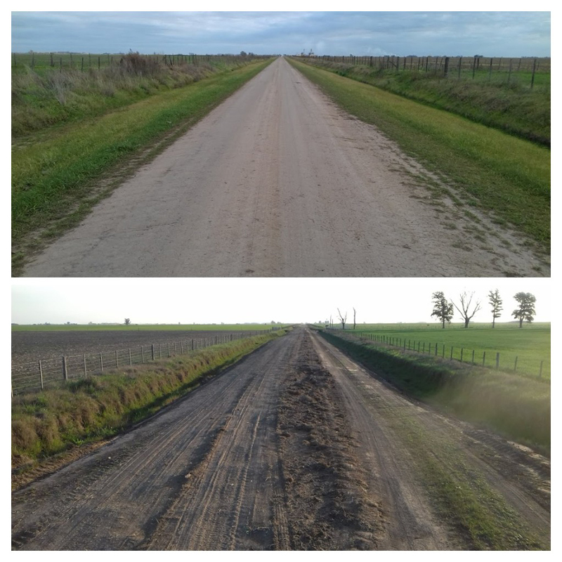 Dos imágenes que difunde la Asociación Argentina de Caminos Rurales Sustentables: una vía con mantenimiento verde (arriba) y otra hundida y degradada. (Imagen: gentileza AACRUS)
