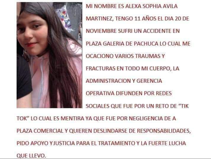 En redes sociales se difundió cómo ocurrió el accidente de la menor de 11 años en el centro comercial de Pachuca.
(Twitter captura de pantalla)
